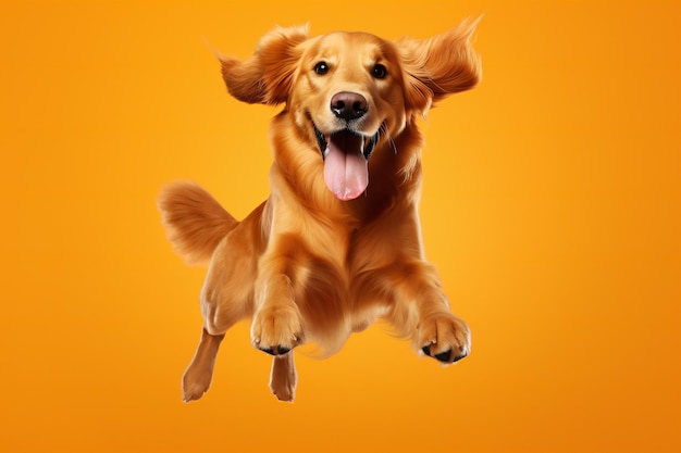 Фото Счастливая собака золотистого ретривера прыгает на оранжевом фоне