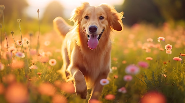 Happy Golden retriever dog playing autmn scen