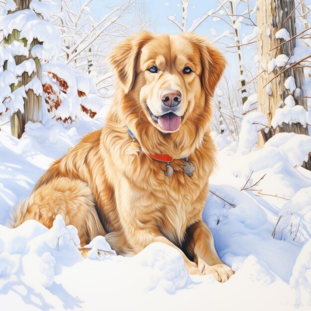 A happy Golden Retriever dog sitting in a snowy landscape with trees in the background