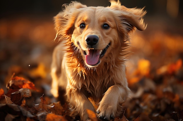 秋の森を散歩する幸せなゴールデンレトリバー犬