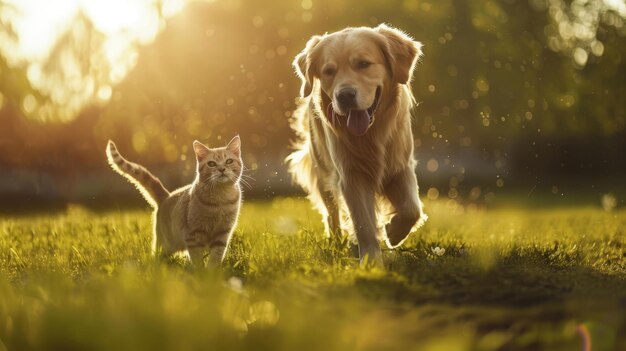 Happy golden retriever dog walking with a cute cat on a green field with natural sunlight