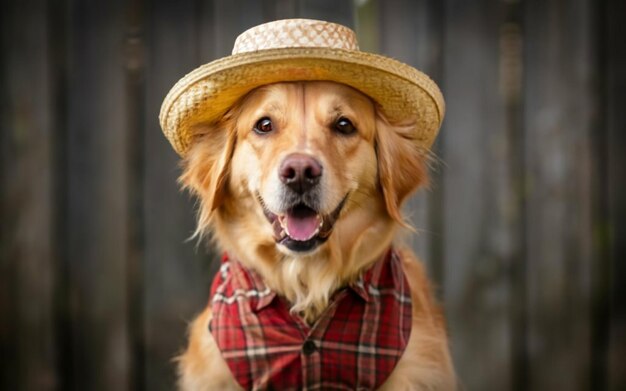 Happy Golden Retriever dog wearing a cowboy hat and red plaid shirt