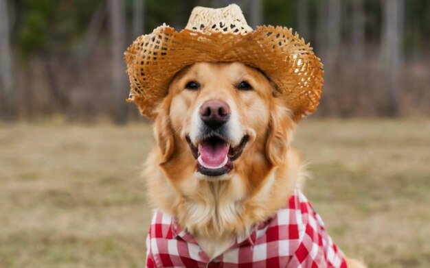 Happy Golden Retriever dog wearing a cowboy hat and red plaid shirt