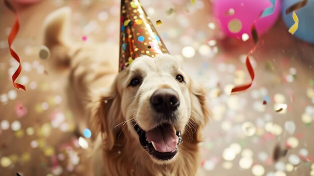 Happy golden retriever dog wearing a party hat celebrating at a birthday party with Generative AI