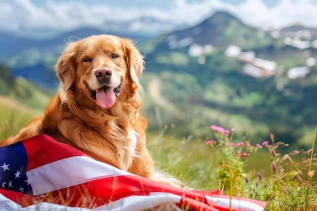 美しい自然の背景にアメリカ国旗を掲げた幸せなゴールデン・レトリバー犬