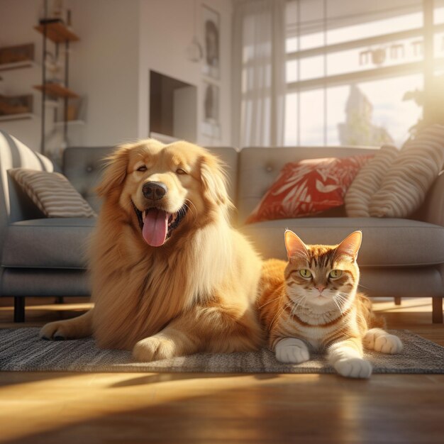 Happy golden retriever and a fluffy orange cat in the living room