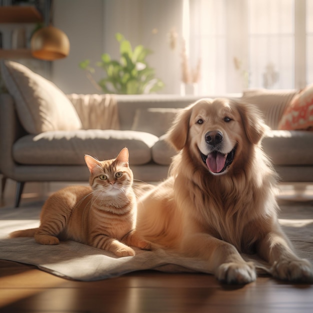 Happy golden retriever and a fluffy orange cat in the living room