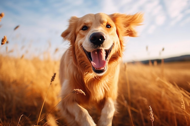 Happy golden retriever playing outdoors in autumn