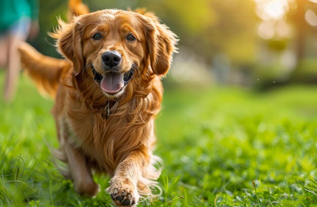 A happy golden retriever running through a grassy field The dog is wearing a collar and he is enjoying its time outdoors