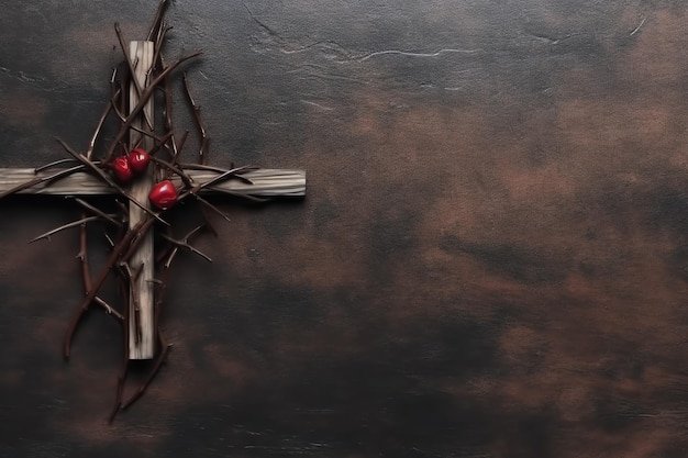 Photo happy good friday celebration concept with crown of thorns bible christian cross and copy space