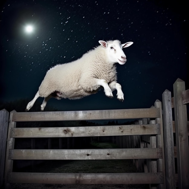 Happy and goodhumored sheep jumping over fence at night full moon can be seen in the background