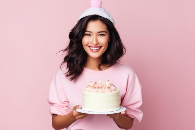 Happy goodhumored women in oversized stylish shirts smile and celebrate birthday on pink isolated