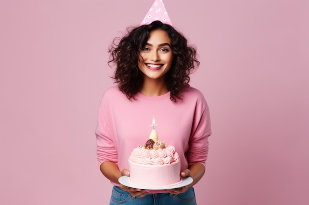 Happy goodhumored women in oversized stylish shirts smile and celebrate birthday on pink isolated