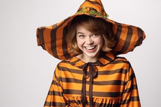 写真 ハッピーゴシックの若い女性 ⁇ ハロウィーンコスチュームに帽子をかぶって白い上で笑顔で立っています ⁇