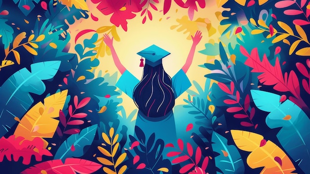 happy graduate girl back with graduation cap on abstract colorful background postcard