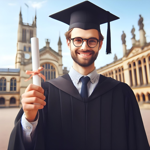 A happy graduate holding up degree