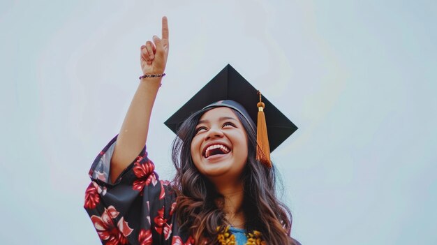 Photo a happy graduate student woman or bachelor wearing a mortarboard is pointing up with her finger in