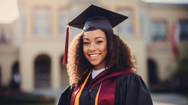 Happy graduate wearing a cape stands in front of the college Created with Generative AI technology