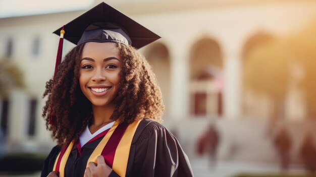 Happy graduate wearing a cape stands in front of the college Created with Generative AI technology