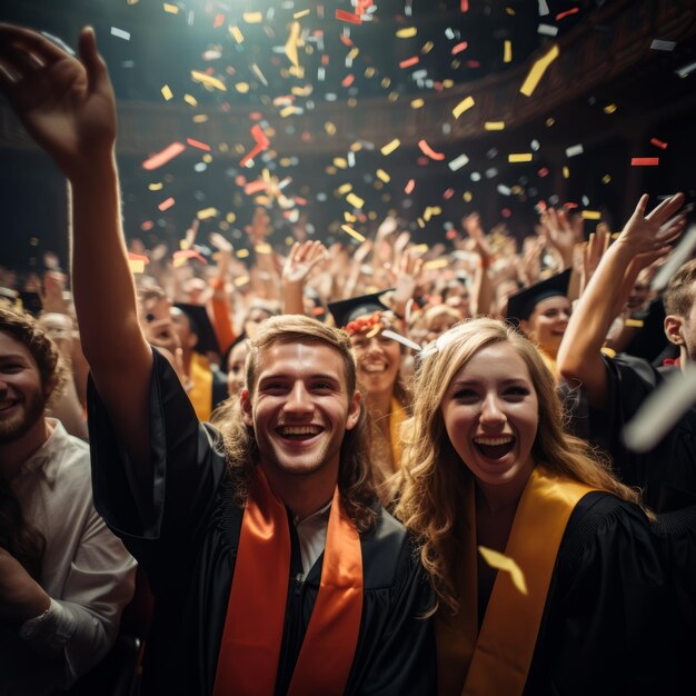 Happy graduates throwing their caps in the air at graduation ceremony