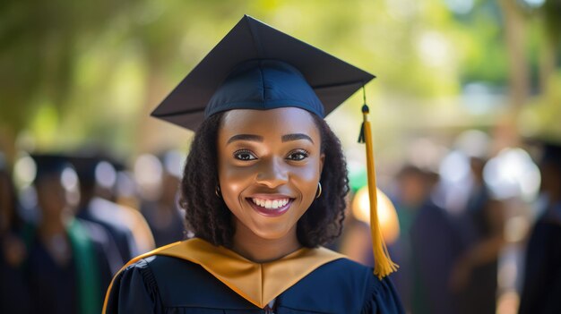 Фото Счастливая выпускница в академическом платье улыбается на фоне других выпускников