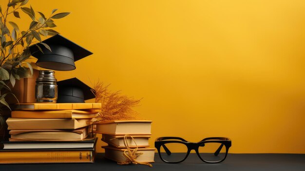 Foto sfondo felice di laurea con un mucchio di libri e bicchieri su sfondo giallo