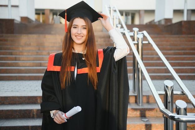 Photo happy graduation day for a young woman very beautiful with graduation cap smile large in front of the camera posing while holding her diploma