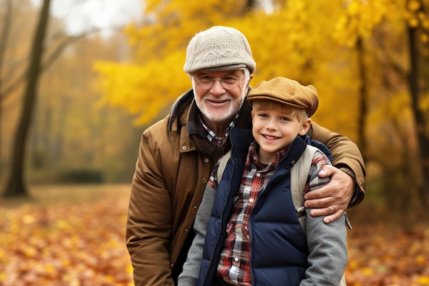 Happy grandfather and grandson hug on autumn walk in park