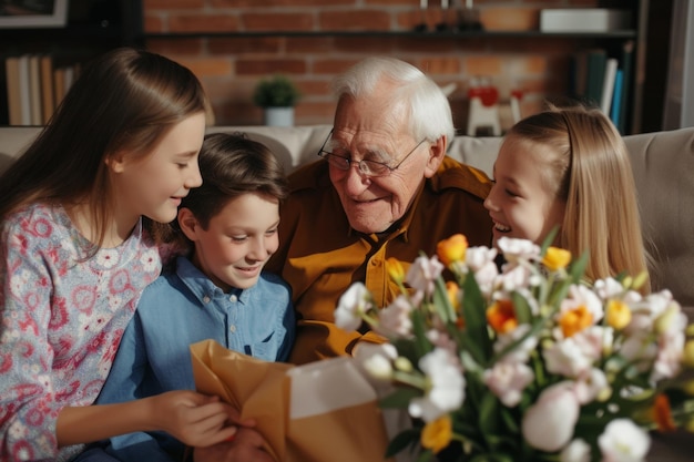 Photo happy grandfather receives birthday presents from his loving family children together with grandmother give grandpa a card and a bouquet of beautiful flowers