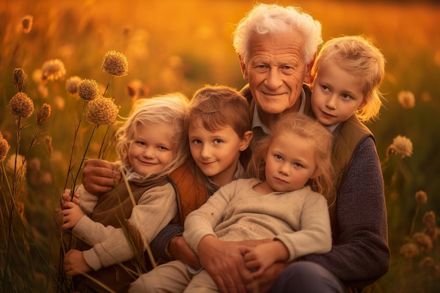 A happy grandfather spends time with his grandchildren generative ai