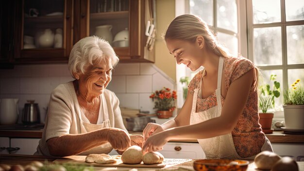 Фото Счастливая бабушка выпекает тесто с дочерью-в-законе на кухне