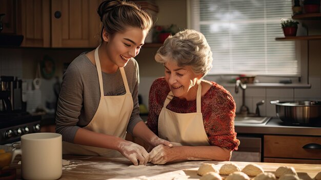 Happy grandmother kneading dough with daughterinlaw in the kitchen