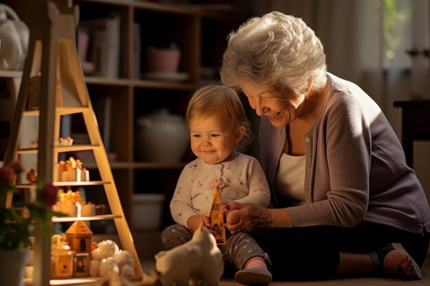 Foto una nonna felice che gioca con il suo adorabile nipote costruendo un blocco colorato