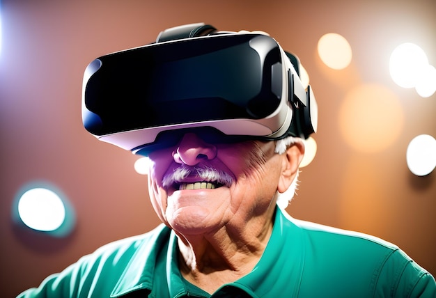 Happy grandpa in VR glasses at virtual reality cinema ai generated
