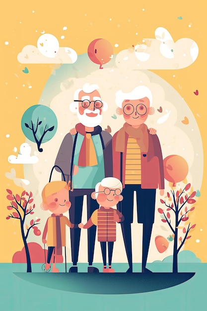幸せな祖父母の日、きれいなライン アート、AI 生成のフラット バレンタイン ラブ スタイル