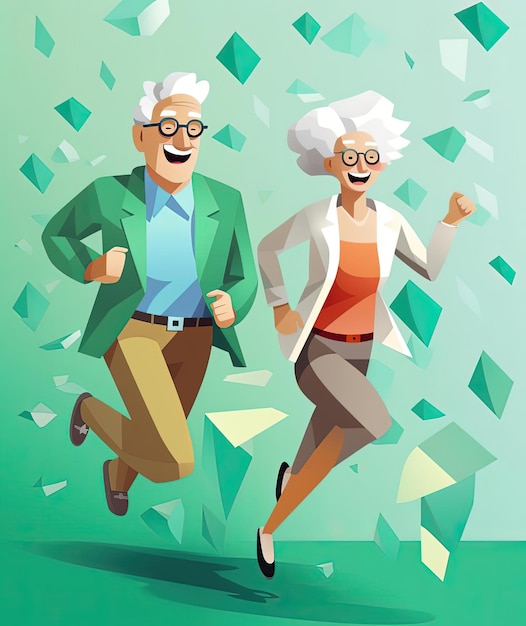 поздравительная открытка на день бабушки и дедушки с двумя парами пенсионеров, бегущими в стиле Атей Гайлан