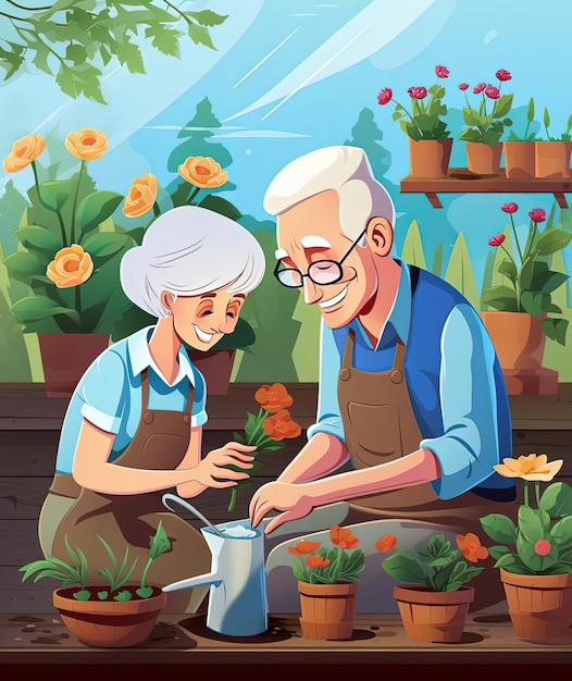 밝은 스타일로 정원에서 일하는 노인 부부와 함께 행복한 조부모의 날 포스터