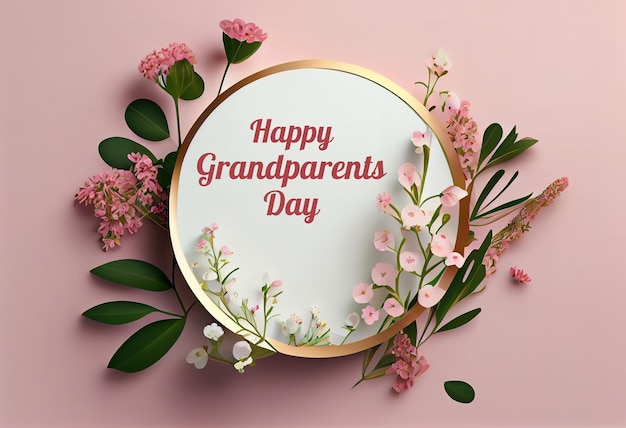 Happy Grandparents Day round frame shape Empty round card with pink flowers Generative Ai
