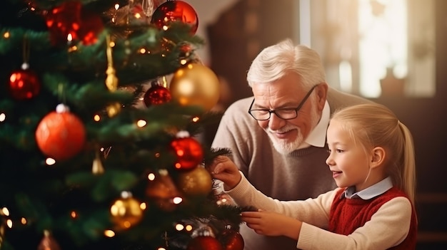 Happy grandparents placing decoration on christmas tree Holidays season