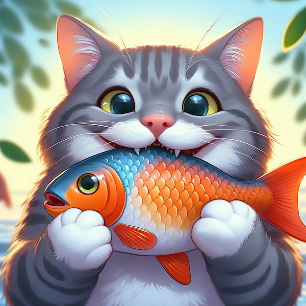 Фото Счастливая серая кошка ест рыбу