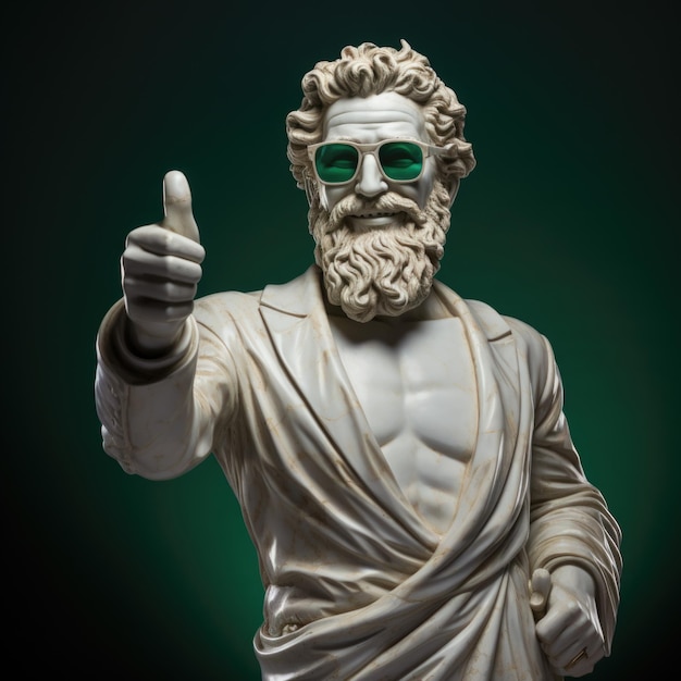 사진 수염과 함께 행복한 그리스의 색 석회 동상 비즈니스 슈트 선글라스를 입고 엄지손가락을 올려
