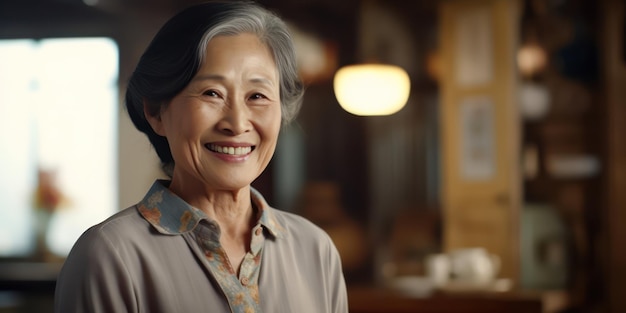 Photo a happy grin lights up the face of a joyful aging asian woman