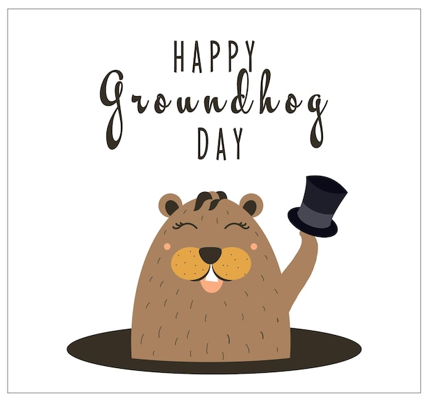 귀여운 만화 동물과 함께 행복한 Groundhog Day 인사말 카드