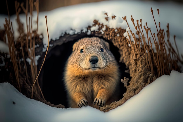 Happy Groundhog Day Groundhog komt uit een Snow Generative AI