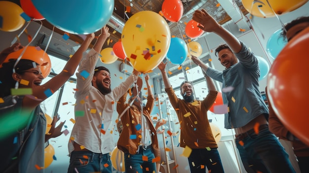 Happy group enjoying leisure with balloons at a fun birthday party aig