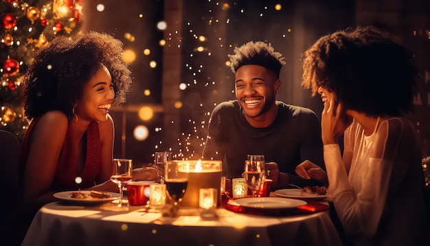 happy group of friends celebrating christmas and new year together at the festive table