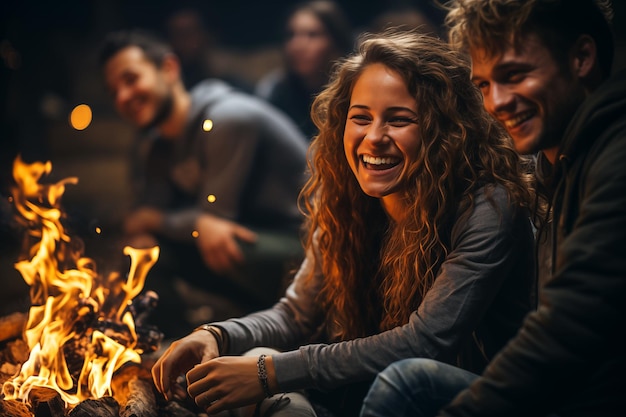 Photo happy group of friends laughing around a campfire