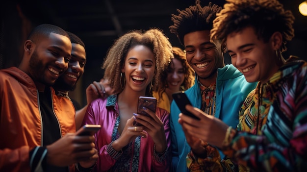 happy group of friends sitting isolated over a grey wall background using mobile phone chatting