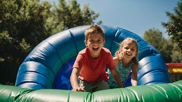 Happy group of kids on the inflatable bounce house in a sunny day