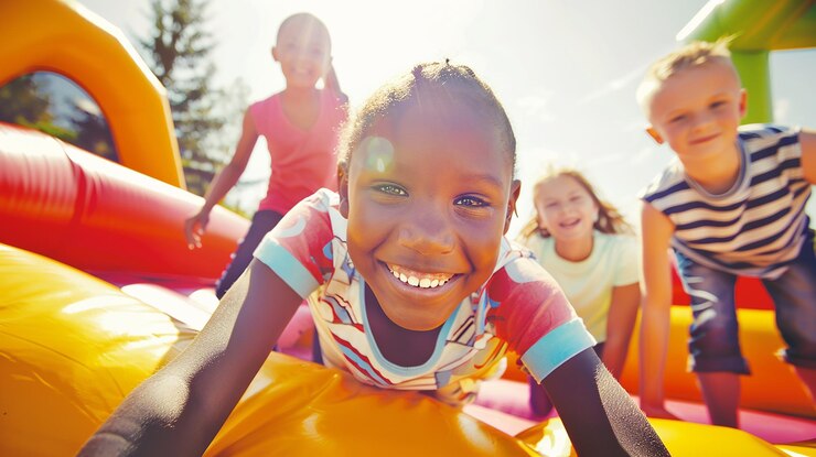 Happy group of kids on the inflatable bounce house
